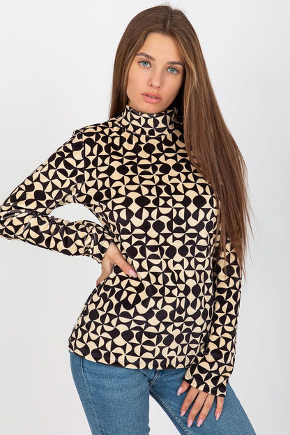 Chic velour blouse with long sleeves, stand-up collar, and an interesting patterned fabric for a stylish and unique look.