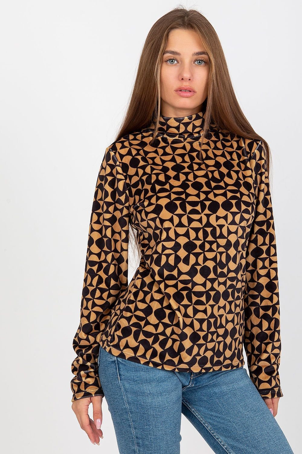 Chic velour blouse with long sleeves, stand-up collar, and an interesting patterned fabric for a stylish and unique look.