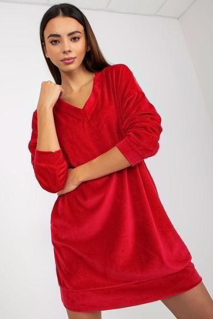 Short Velour Dress with Long Sleeves and Heart Neckline