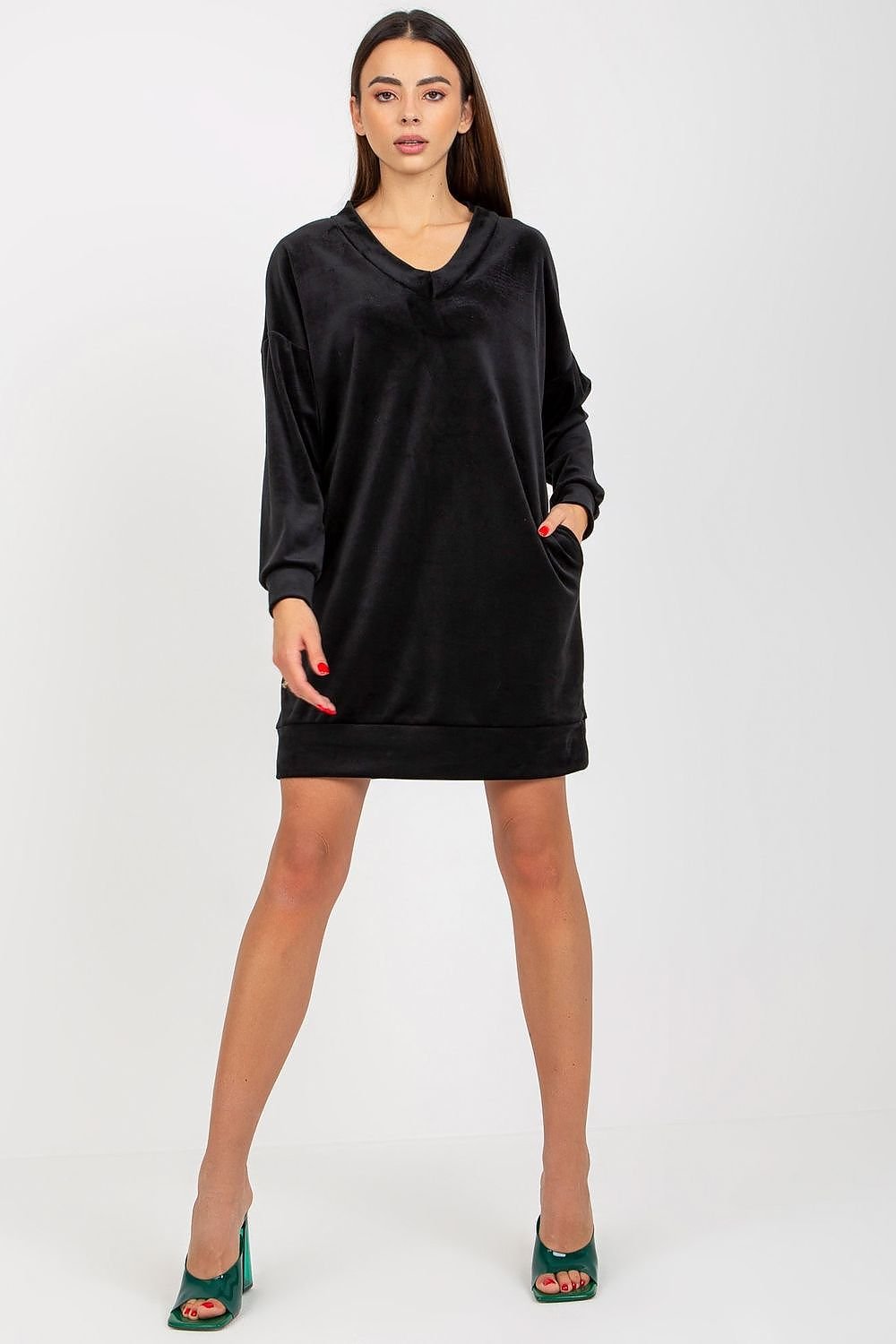 Short Velour Dress with Long Sleeves and Heart Neckline