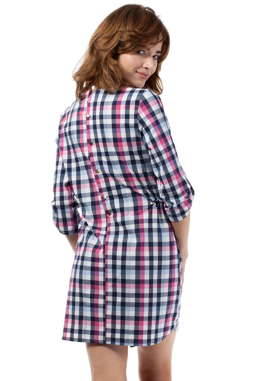 Simple Plaid Dress with Heart Neckline, Side Pockets, and Decorative Gold Buttons