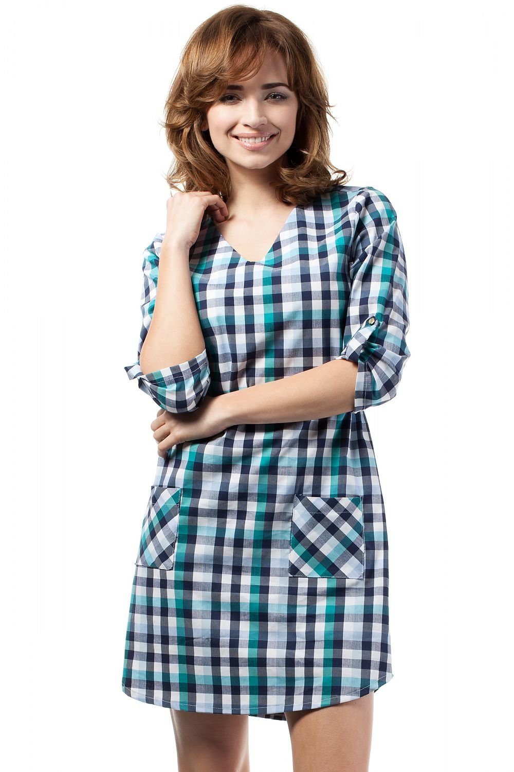 Simple Plaid Dress with Heart Neckline, Side Pockets, and Decorative Gold Buttons