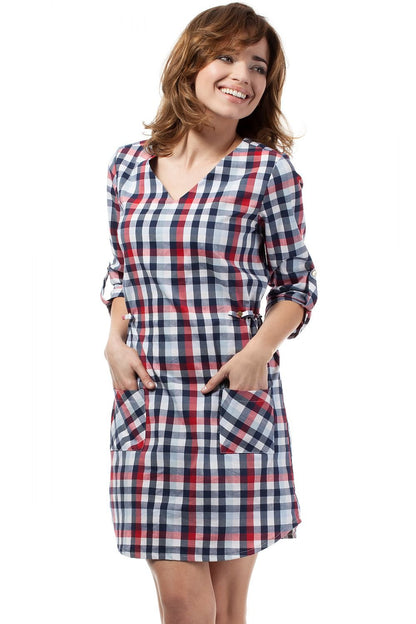 Simple Plaid Dress with Heart Neckline, Side Pockets, and Decorative Gold Buttons