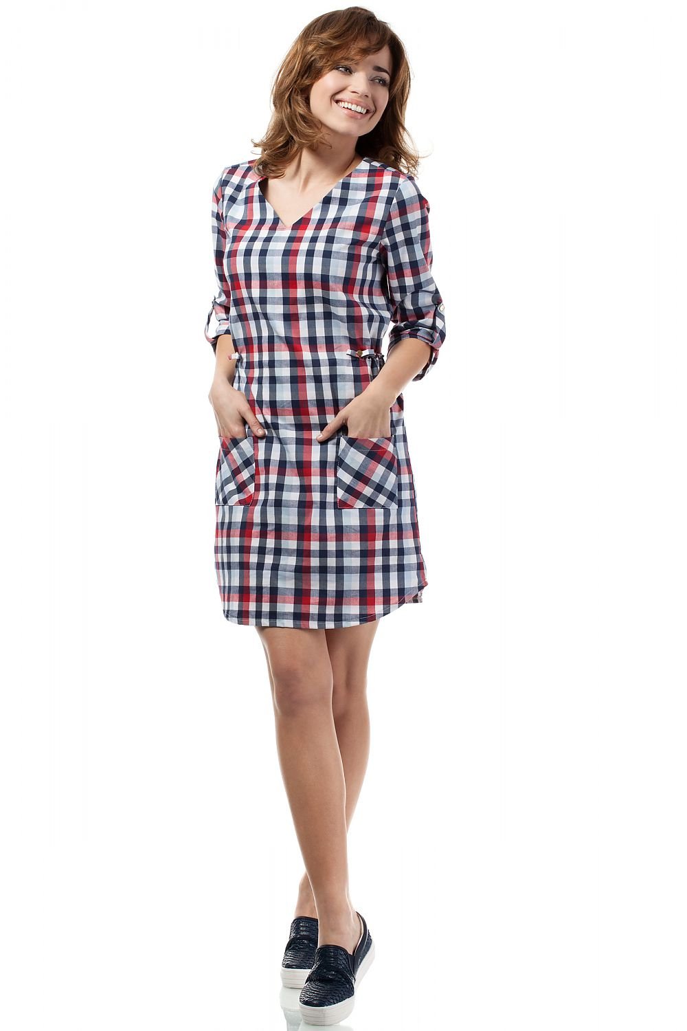 Simple Plaid Dress with Heart Neckline, Side Pockets, and Decorative Gold Buttons