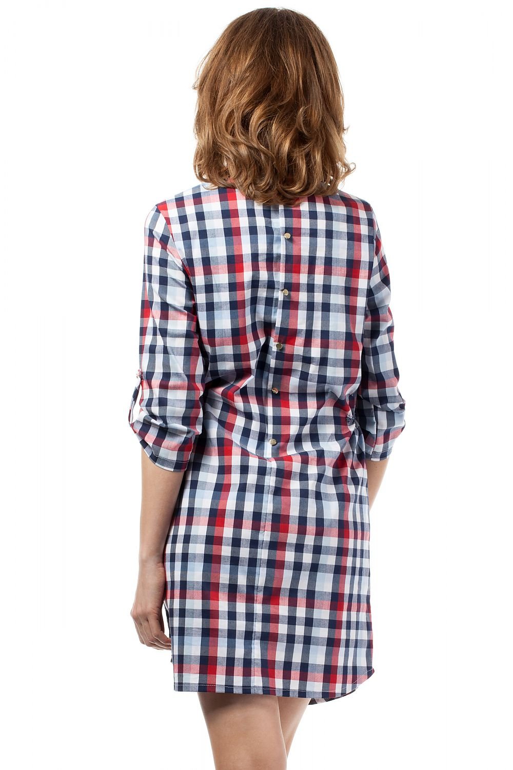 Simple Plaid Dress with Heart Neckline, Side Pockets, and Decorative Gold Buttons