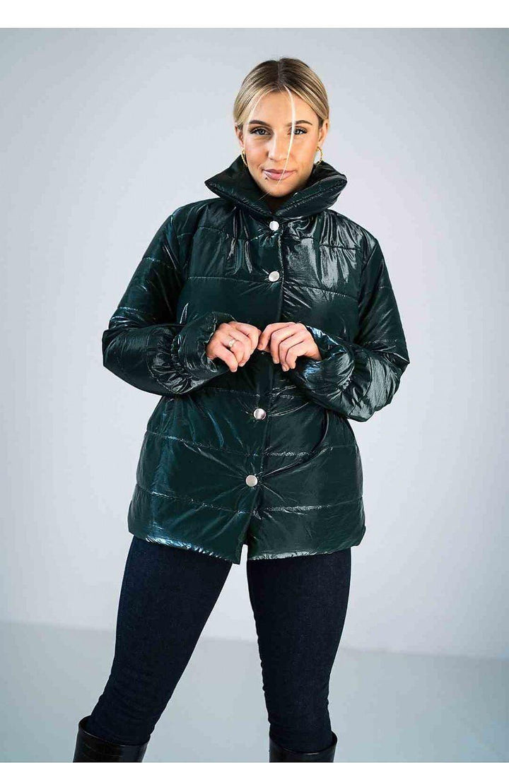 Shiny Quilted Hip-Length Jacket with High Collar and Elastic Waist - Ludowika 