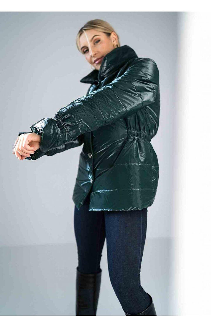 Shiny Quilted Hip-Length Jacket with High Collar and Elastic Waist - Ludowika 