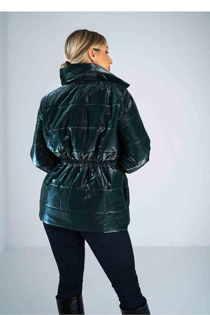 Shiny Quilted Hip-Length Jacket with High Collar and Elastic Waist - Ludowika 