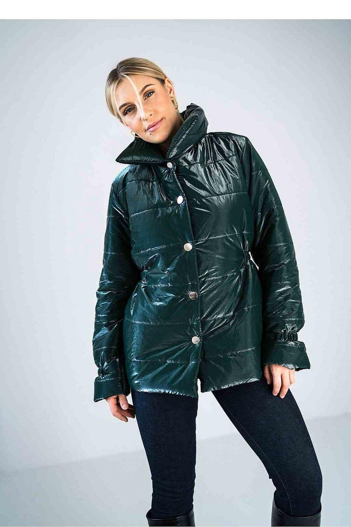 Shiny Quilted Hip-Length Jacket with High Collar and Elastic Waist - Ludowika 