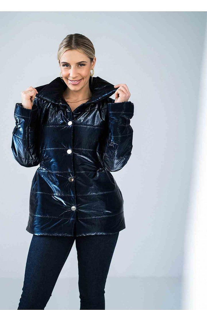 Shiny Quilted Hip-Length Jacket with High Collar and Elastic Waist - Ludowika 