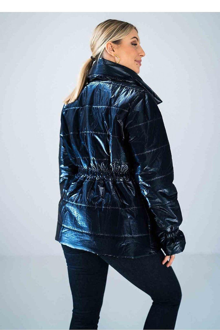 Shiny Quilted Hip-Length Jacket with High Collar and Elastic Waist - Ludowika 