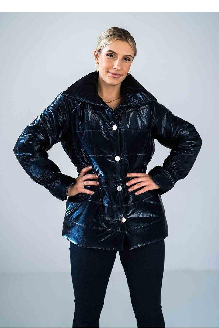 Shiny Quilted Hip-Length Jacket with High Collar and Elastic Waist - Ludowika 