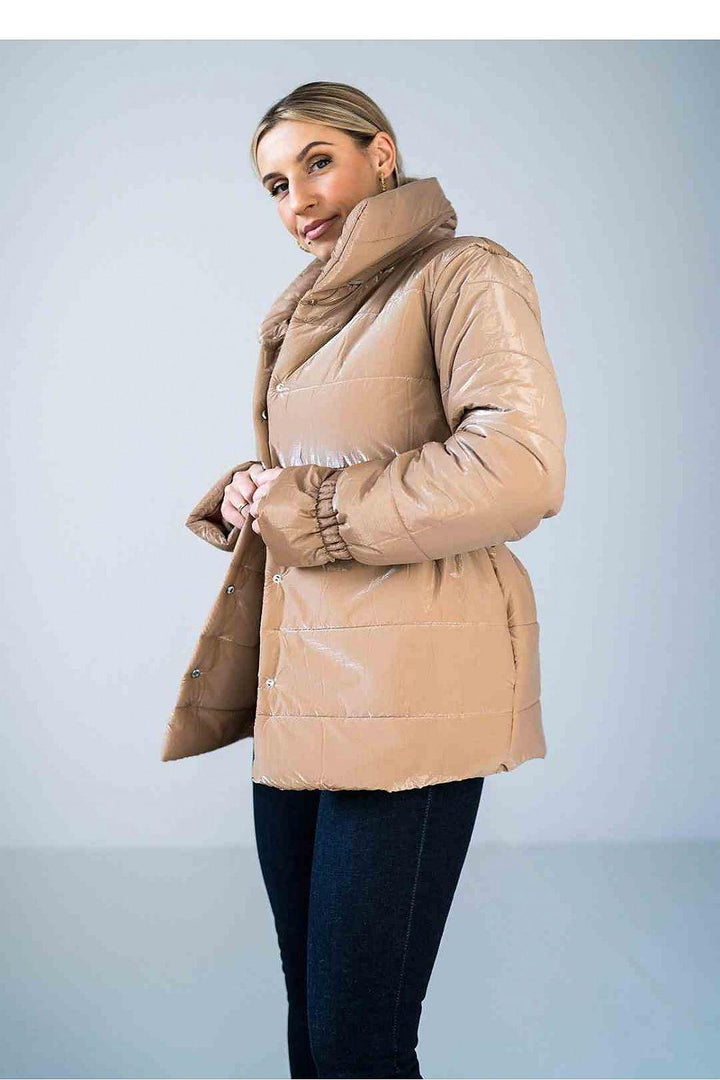 Shiny Quilted Hip-Length Jacket with High Collar and Elastic Waist - Ludowika 