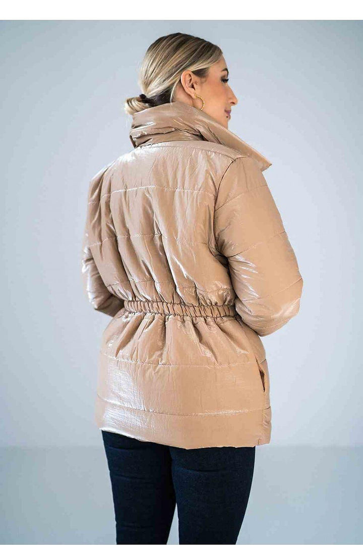 Shiny Quilted Hip-Length Jacket with High Collar and Elastic Waist - Ludowika 