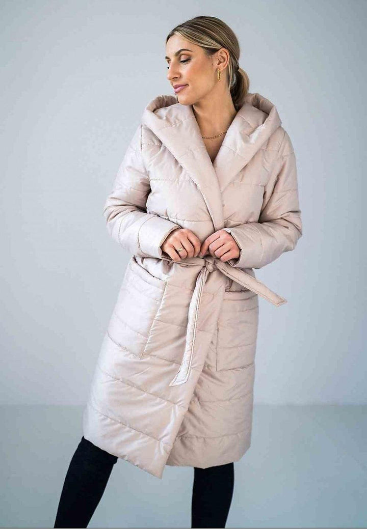 Quilted Insulated Knee-Length Coat with Hood and Waist Tie - Ludowika 
