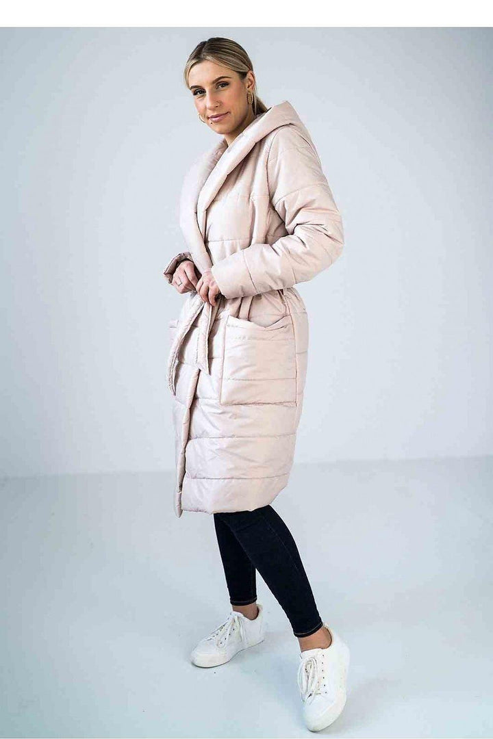 Quilted Insulated Knee-Length Coat with Hood and Waist Tie - Ludowika 