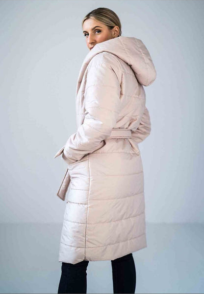 Quilted knee-length coat with hood, waist tie, straight sleeves, and patch slip pockets, lined for extra warmth and comfort.






