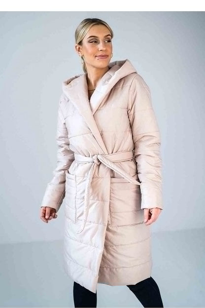 Quilted knee-length coat with hood, waist tie, straight sleeves, and patch slip pockets, lined for extra warmth and comfort.






