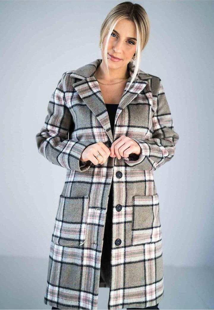 Beige Plaid Longline Coat with Button-Up Front - Ludowika 