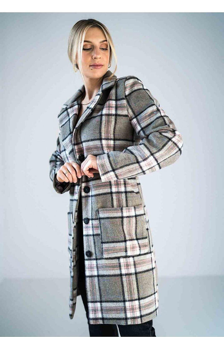 Beige Plaid Longline Coat with Button-Up Front - Ludowika 