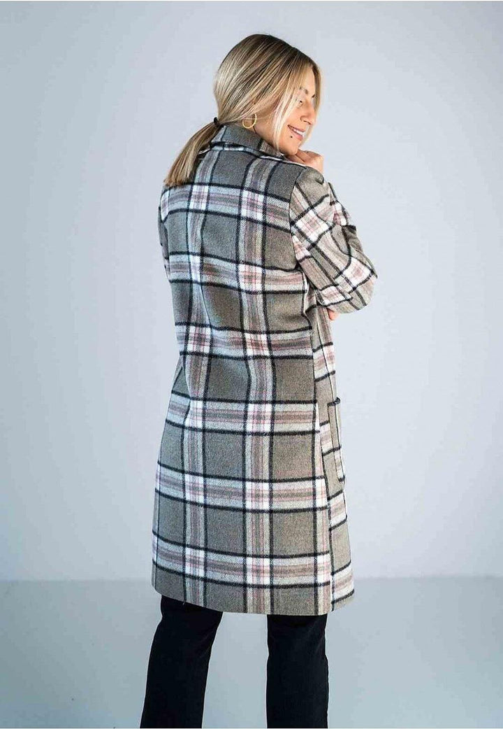 Beige Plaid Longline Coat with Button-Up Front - Ludowika 