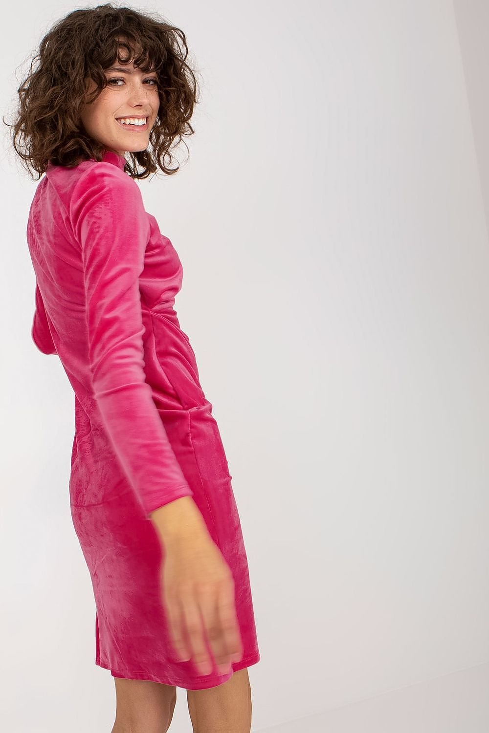 Velour Dress with Stand-Up Collar, Long Sleeves, and Decorative Slit