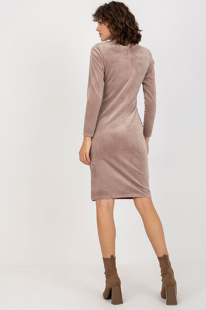 Velour Dress with Stand-Up Collar, Long Sleeves, and Decorative Slit