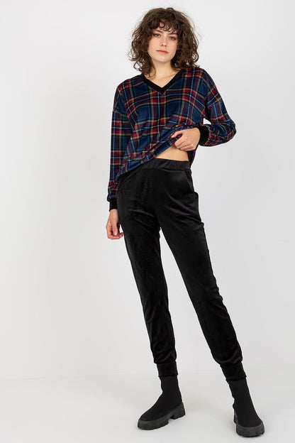 Women's Checkered Blouse and Black Velour Pants Set