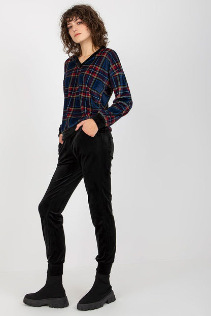 Women's Checkered Blouse and Black Velour Pants Set