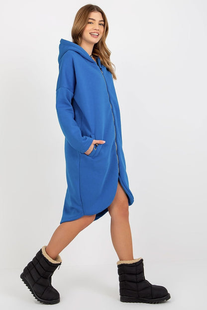 Elongated Zip-Up Sweatshirt with Hood and Side Pockets