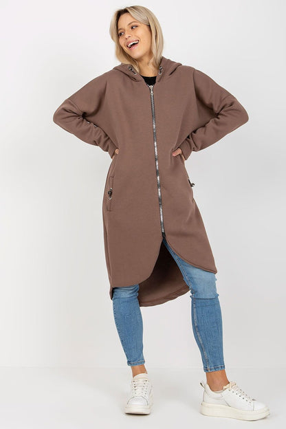 Elongated Zip-Up Sweatshirt with Hood and Side Pockets