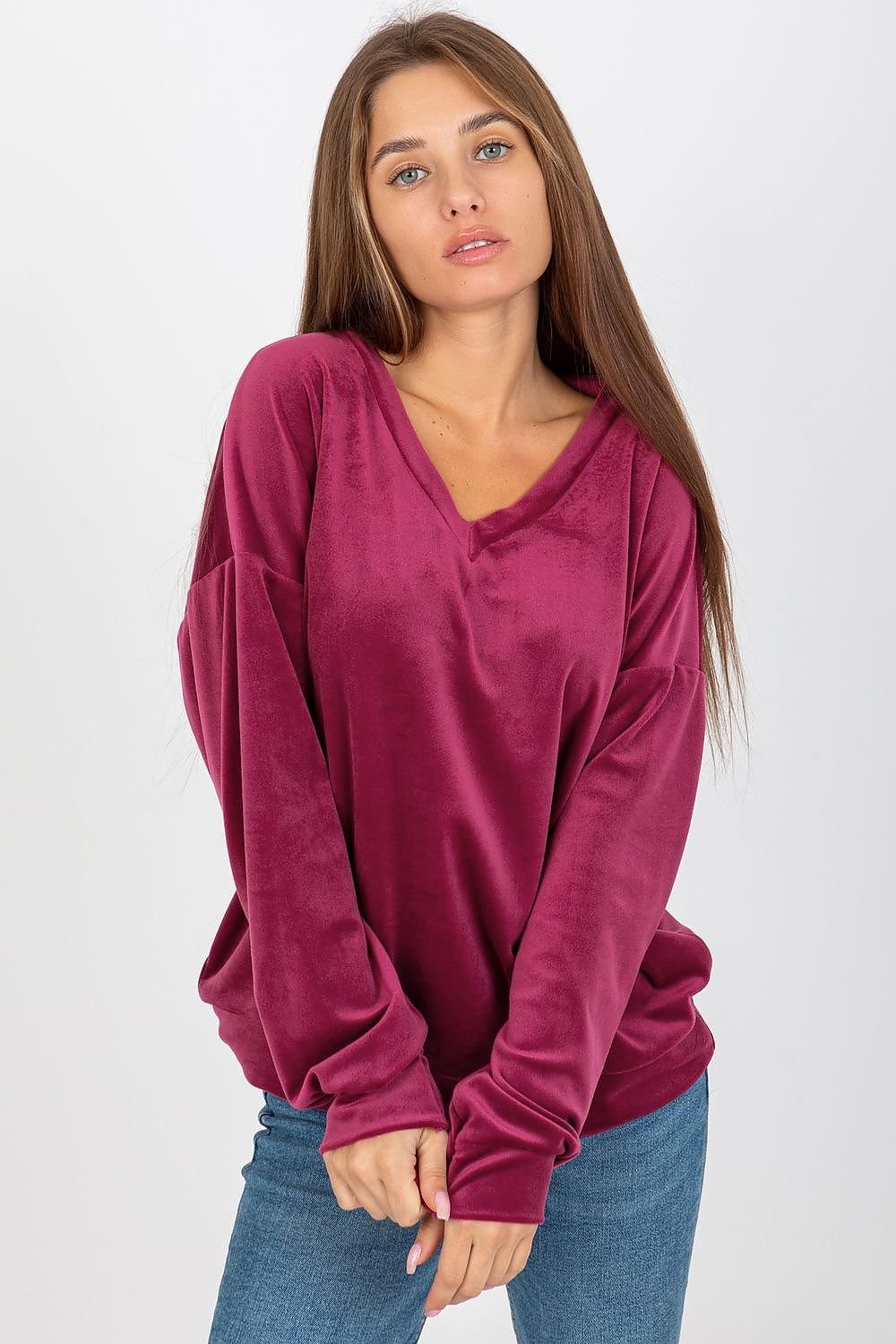 Velour Women's Sweatshirt with Long Sleeves and Heart Neckline