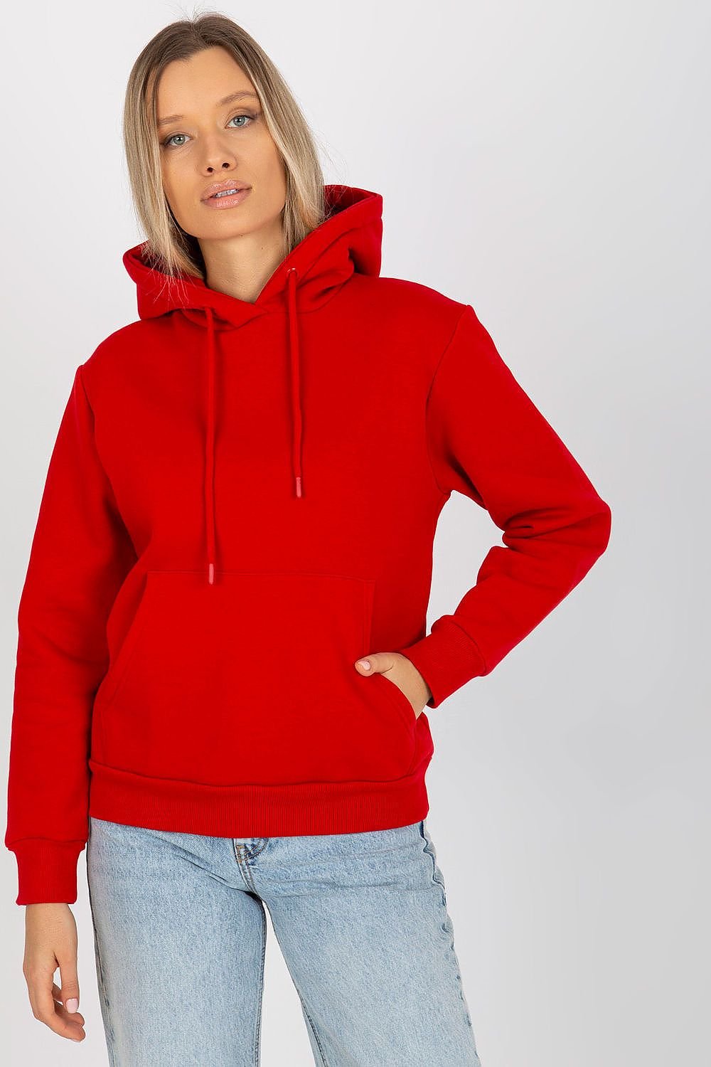 A women's sweatshirt featuring long sleeves, a hood, and a practical kangaroo pocket on the front, offering both comfort and style for casual wear.






