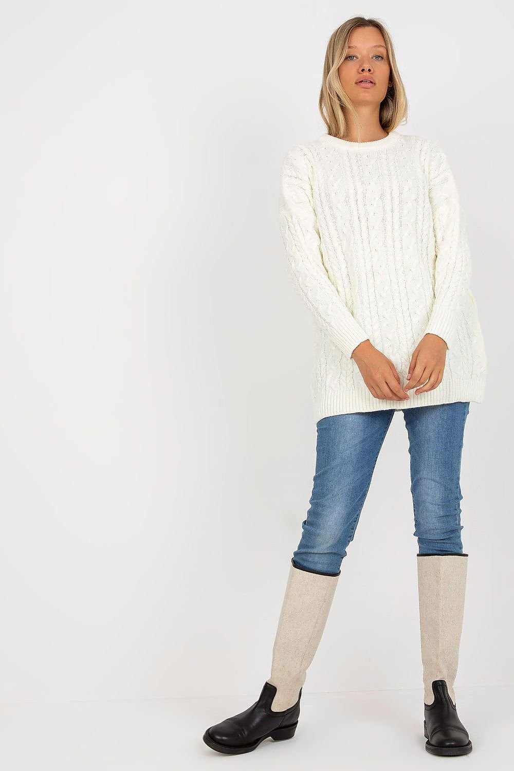 Long Women's Sweater with Classic Round Neckline