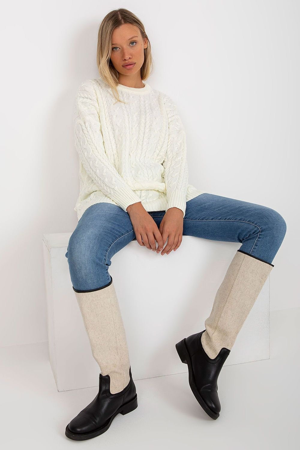 Long Women's Sweater with Classic Round Neckline