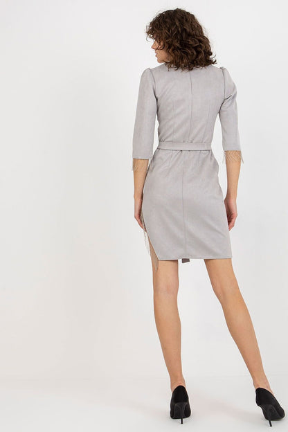 Elegant 3/4 Sleeve Dress with Covered Zipper, Tie Belt & Decorative Tassels - Ludowika 