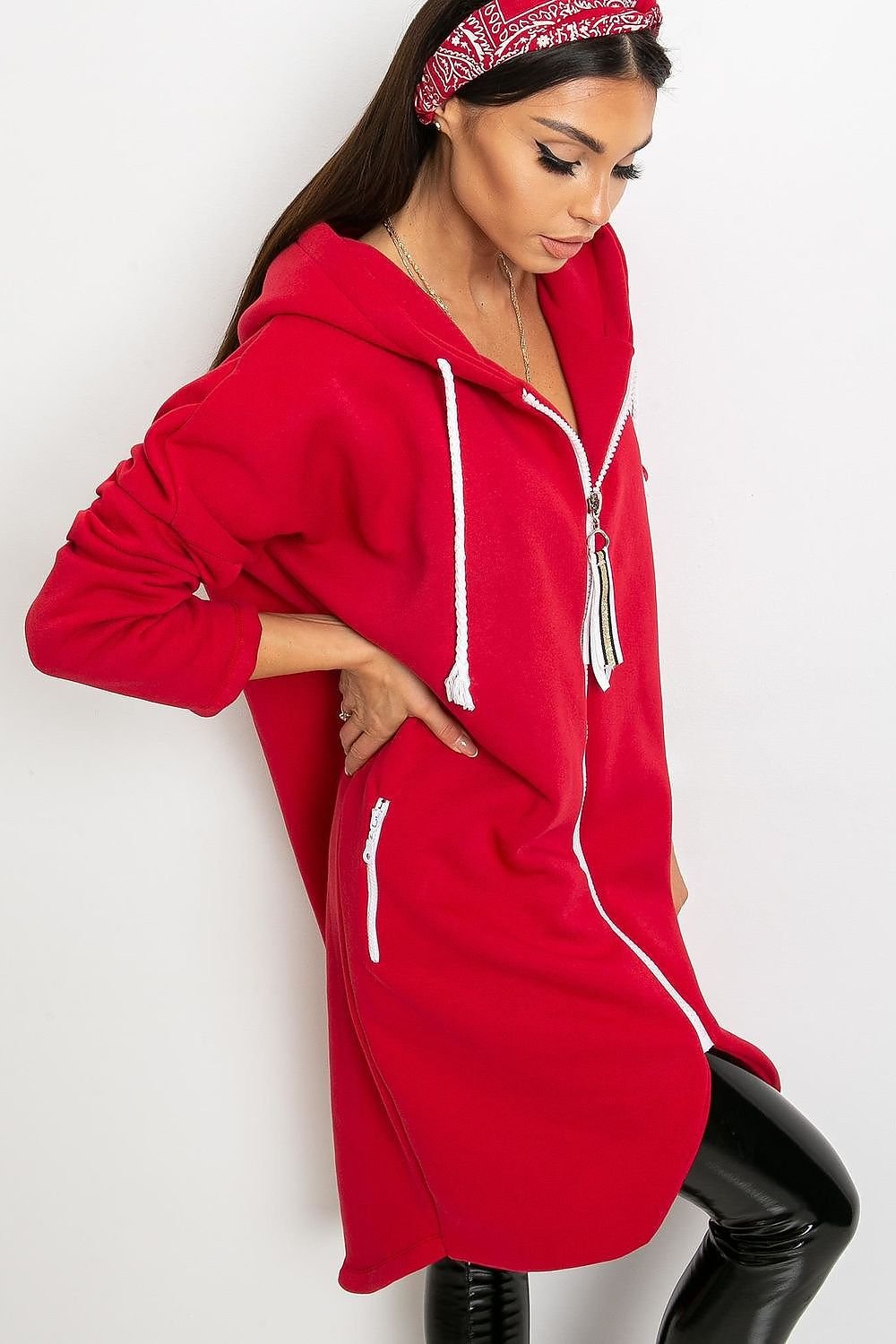 Extended Cut Zippered Hoodie with Zippered Side Pockets