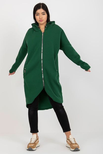 Elongated Zip-Up Sweatshirt with Hood and Side Pockets