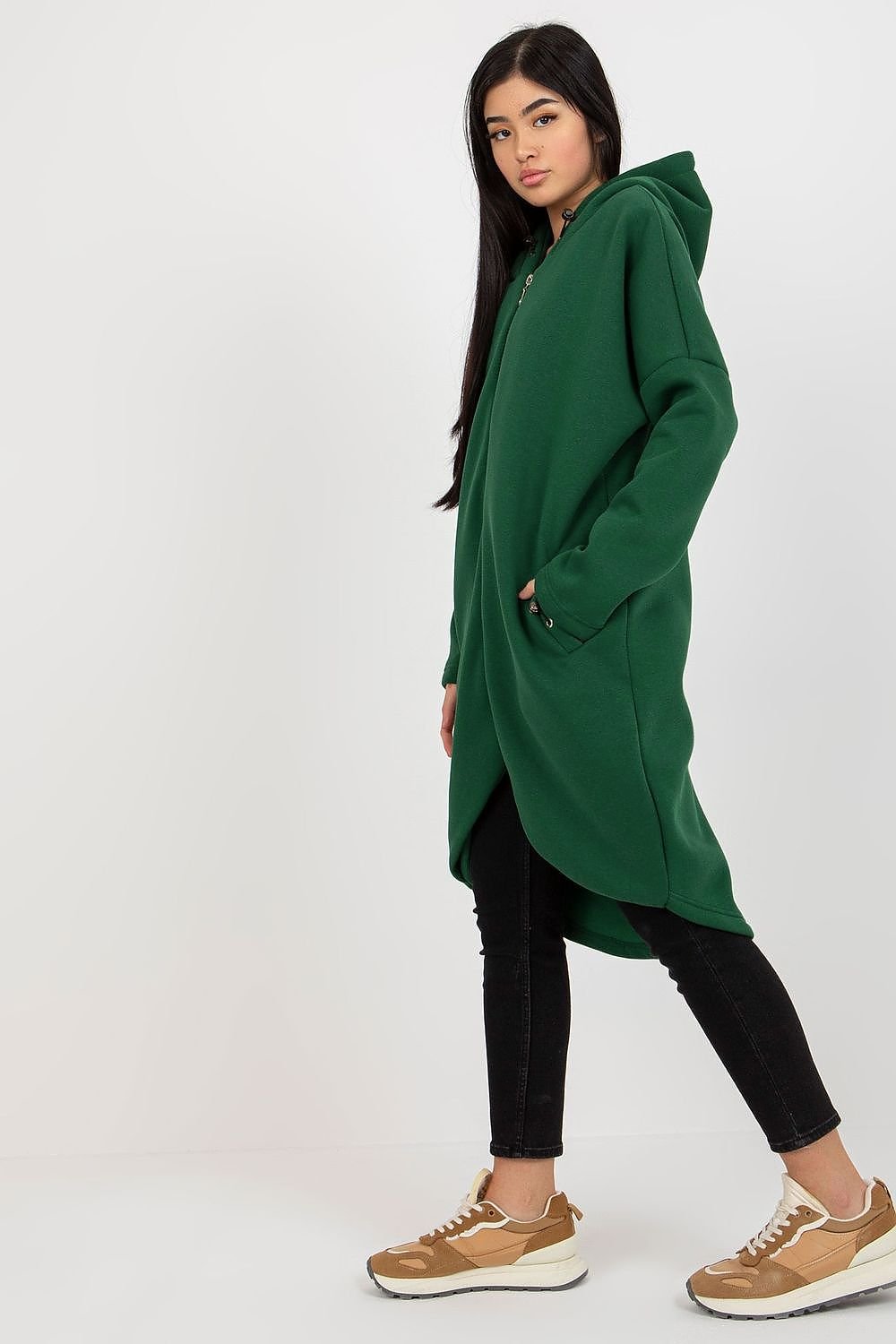 Elongated Zip-Up Sweatshirt with Hood and Side Pockets