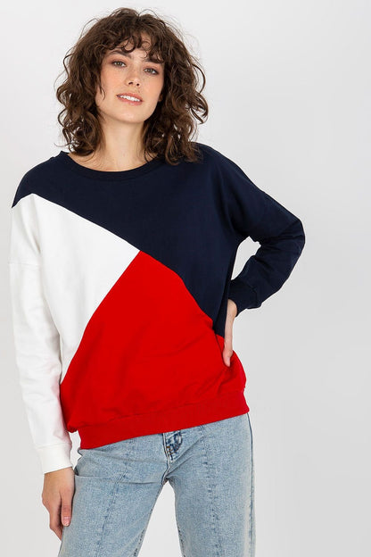 A women's sweatshirt featuring long sleeves and a round neckline, crafted from a stylish combination of three different fabric colors for a modern and eye-catching design.






