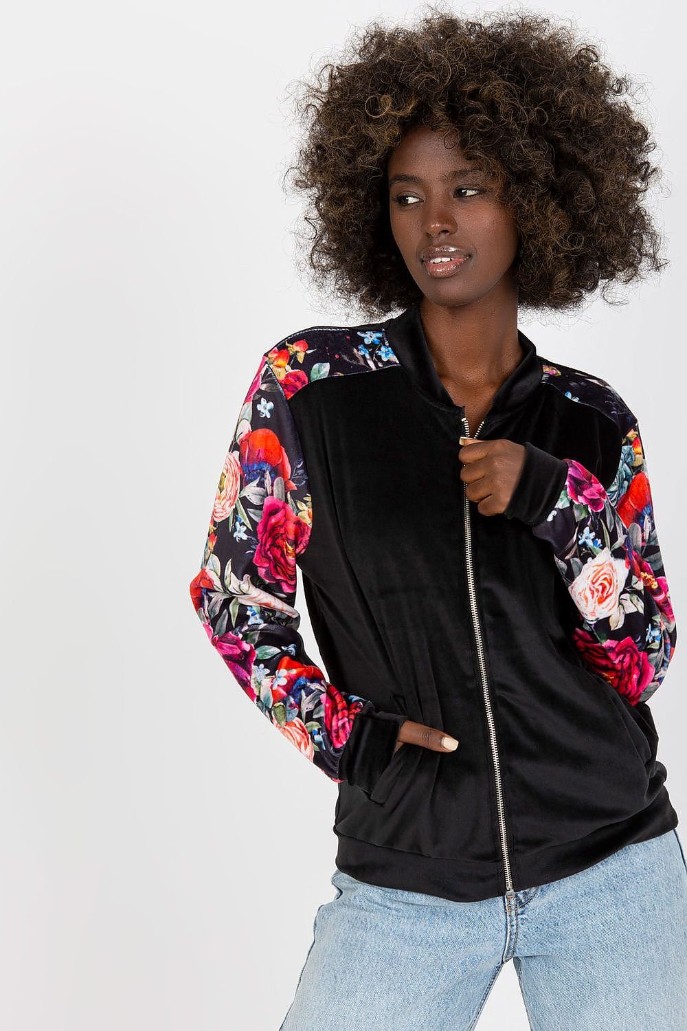 Velour Bomber Jacket with Floral Sleeves and Zipper Closure