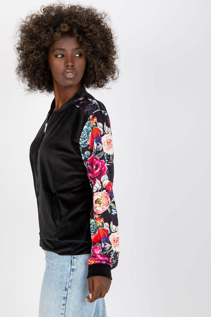 Velour Bomber Jacket with Floral Sleeves and Zipper Closure