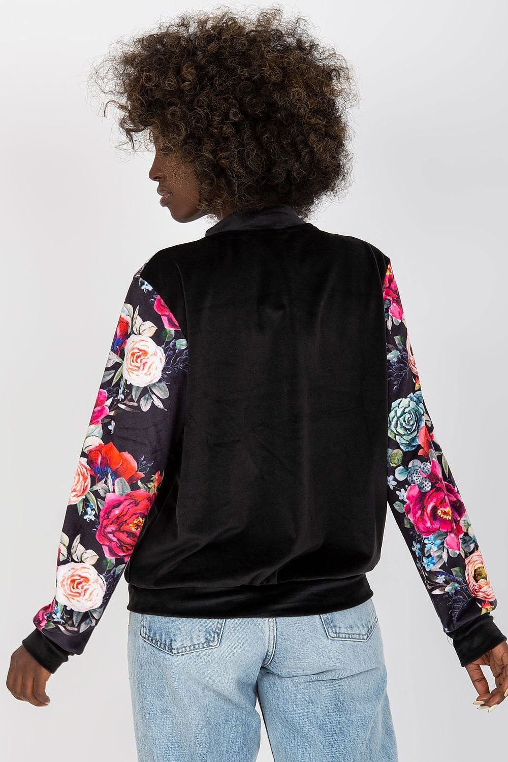 Velour Bomber Jacket with Floral Sleeves and Zipper Closure