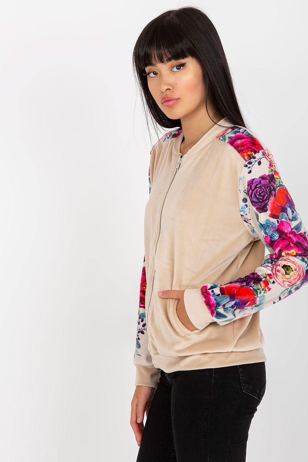 Velour Bomber Jacket with Floral Sleeves and Zipper Closure