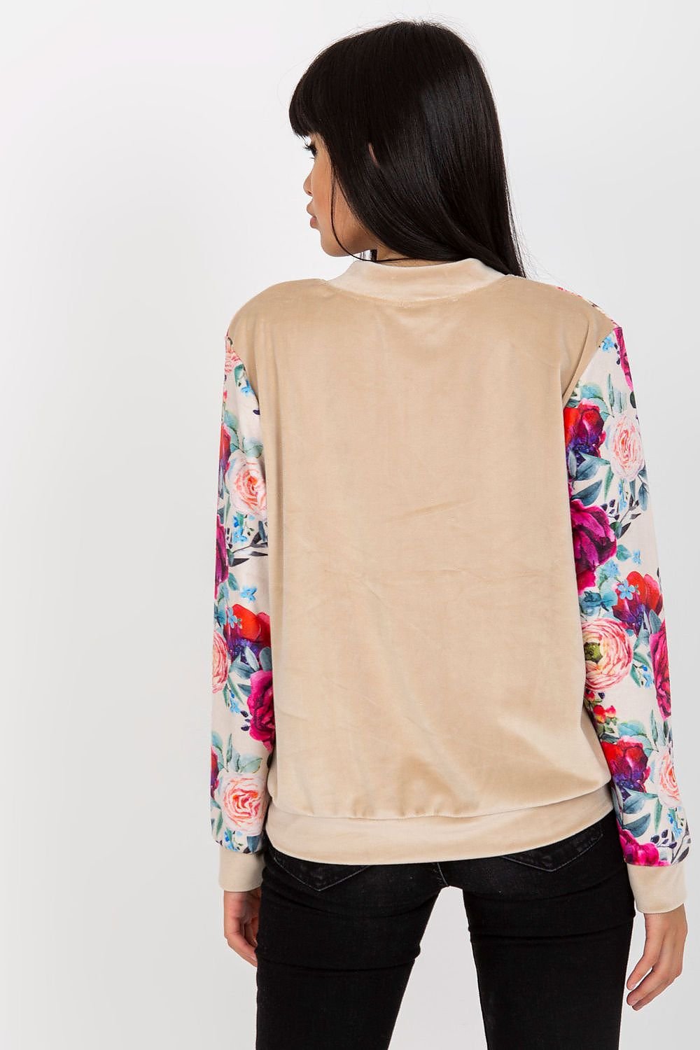 Velour Bomber Jacket with Floral Sleeves and Zipper Closure