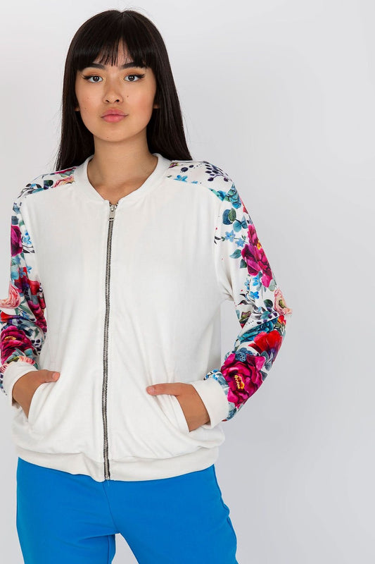 Velour Bomber Jacket with Floral Sleeves and Zipper Closure