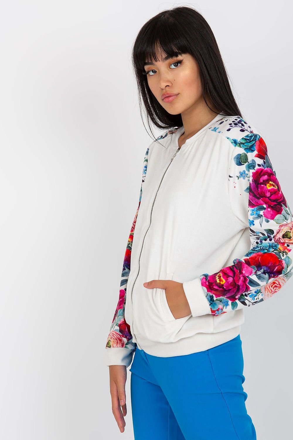 Velour Bomber Jacket with Floral Sleeves and Zipper Closure