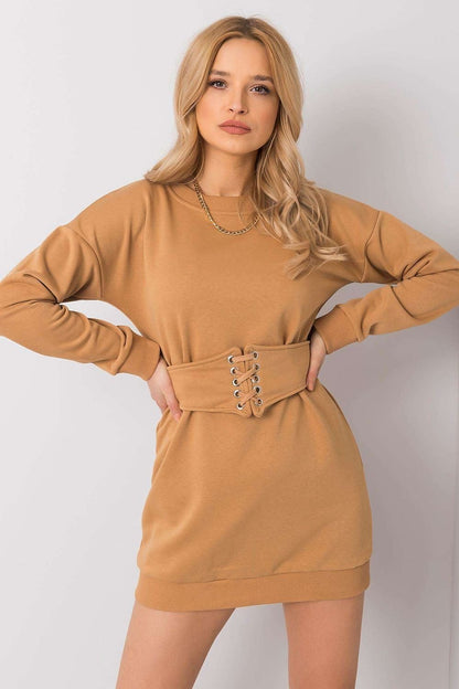 Mini dress with long sleeves, a round neckline, and a matching belt, offering a cohesive and fashionable tracksuit-inspired style.






