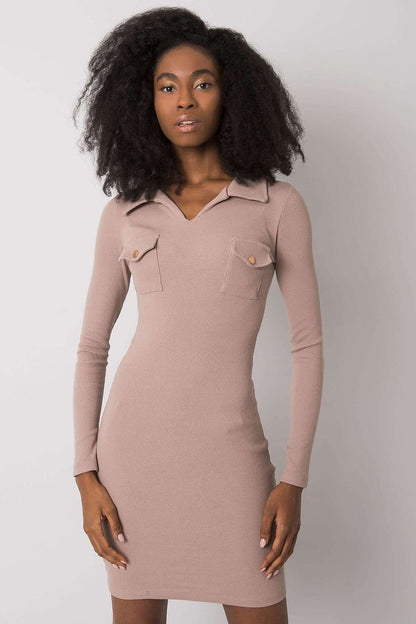 Elegant Ribbed Daydress with Pencil Cut, Long Sleeves, and Heart Neckline