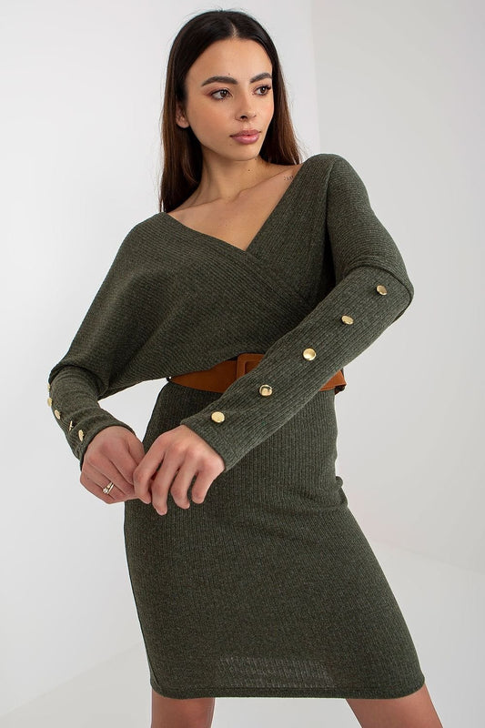 Envelope Neck Knit Dress with Long Sleeves and Belt